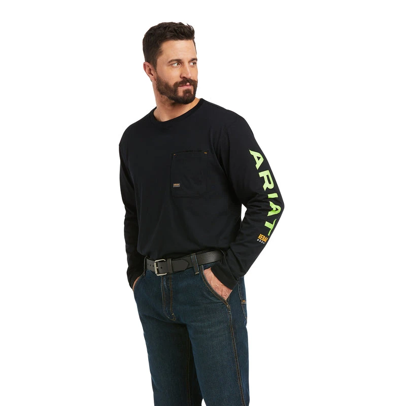'Ariat' Men's Rebar Workman Logo T-Shirt - Black / Lime - Image 3