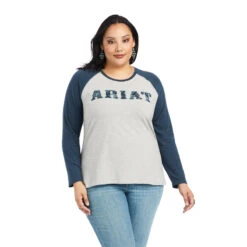 'Ariat' Women's R.E.A.L. Baseball T-Shirt - Heather Grey / Midnight Blue