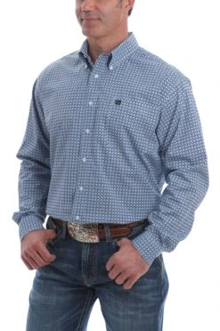 'Cinch' Men's Western Dot Print Button Down - Blue / White