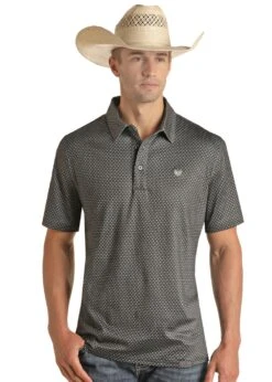 'Panhandle' Men's Performance Geo Button Knit Polo - Black